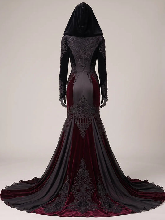 Womens Velvet Hooded Long Sleeve Spiderweb Embroidered Fitted Tulle Panel Train Mermaid Maxi Gown