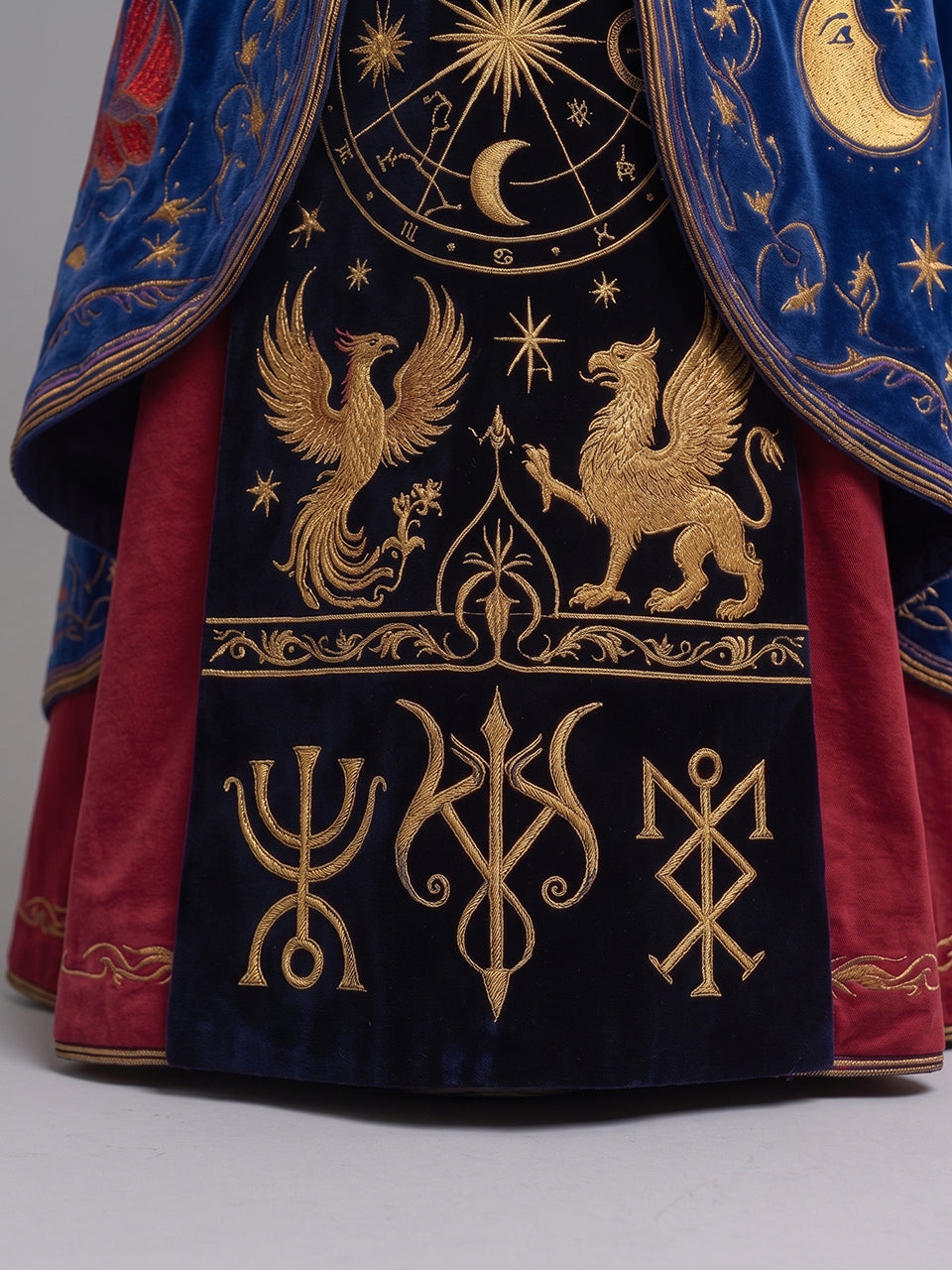 Womens Pointed Hood Wide Lapel Flare Sleeve Mystical Symbol Embroidered Velvet Long Wizard Robe