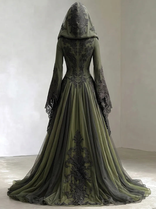 Womens Cowl Neck Hooded Lace Up Corset Flare Long Sleeve Embroidered Tulle Train Maxi Gown
