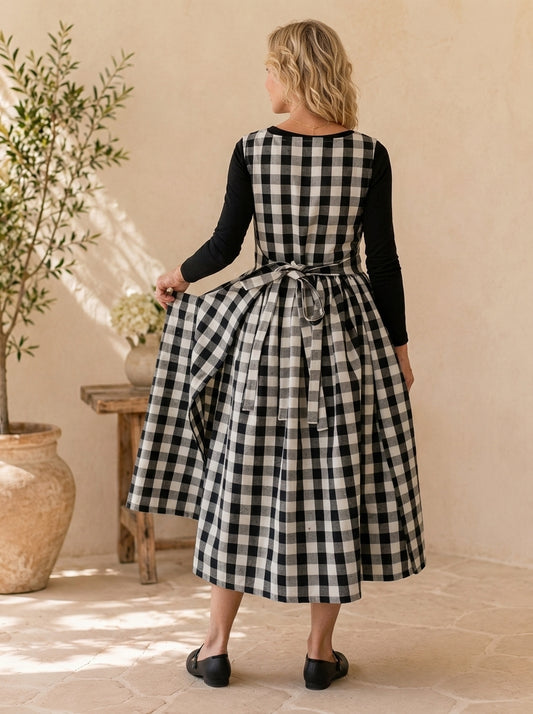 Black Gingham Cotton Pinafore Apron
