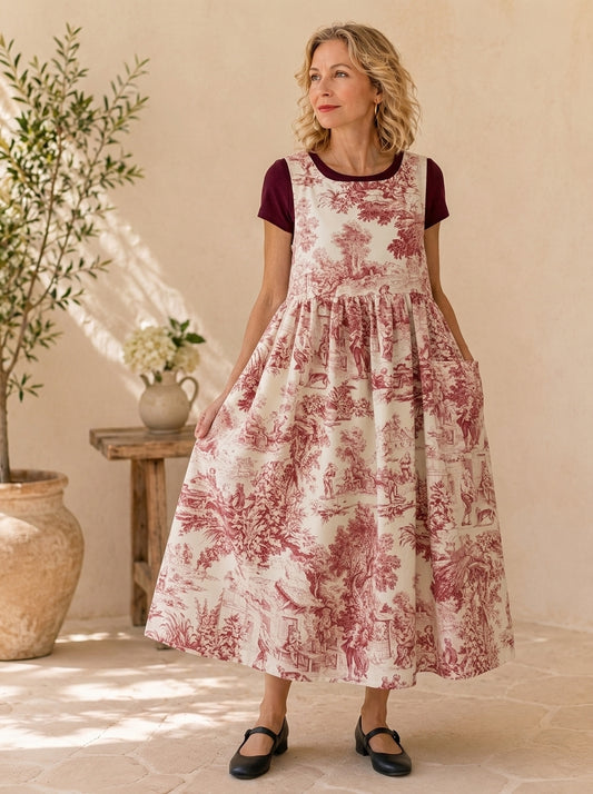 Burgundy Toile Cotton Pinafore Apron