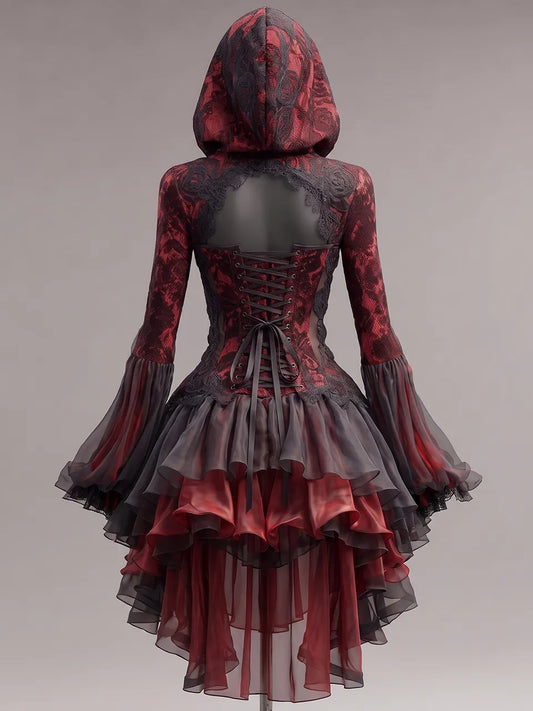 Womens Hooded Sweetheart Neck Lace Up Corset Lace Spliced Flare Sleeve Multi Layer Irregular Tulle Short Gown