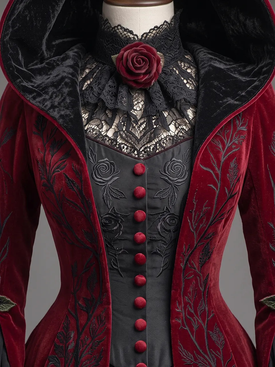 Womens High Neck Velvet Hooded Flare Sleeve Button Embroidered Lace Patch Train Long Gown
