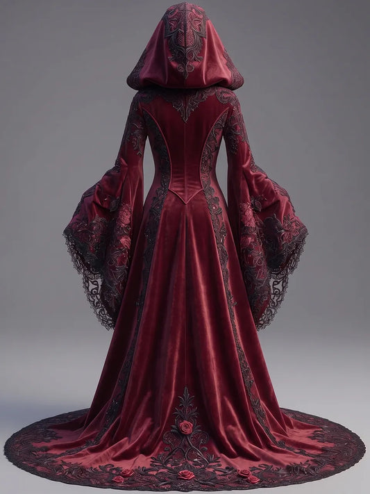 Womens Hooded Flare Sleeve Rose Embroidered Lace Trim Lace Up Split Train Long Gown