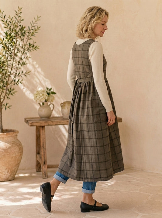 Mocha Check Cotton Pinafore Apron