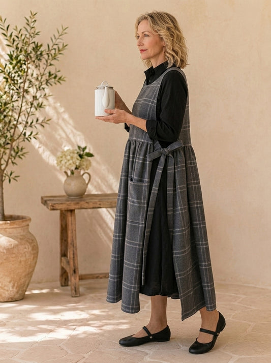 Charcoal Windowpane Cotton Pinafore Apron