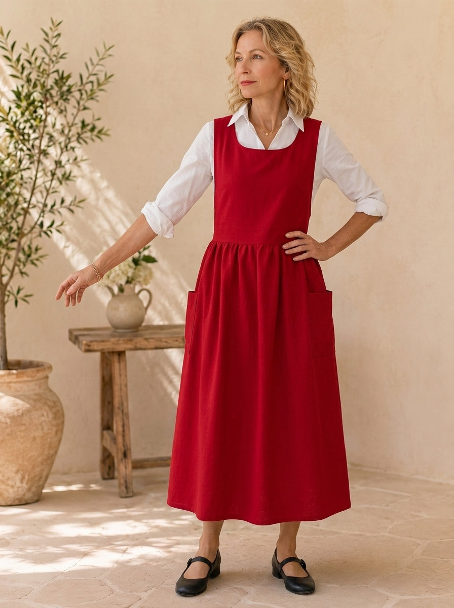 Classic Red Cotton Pinafore Apron