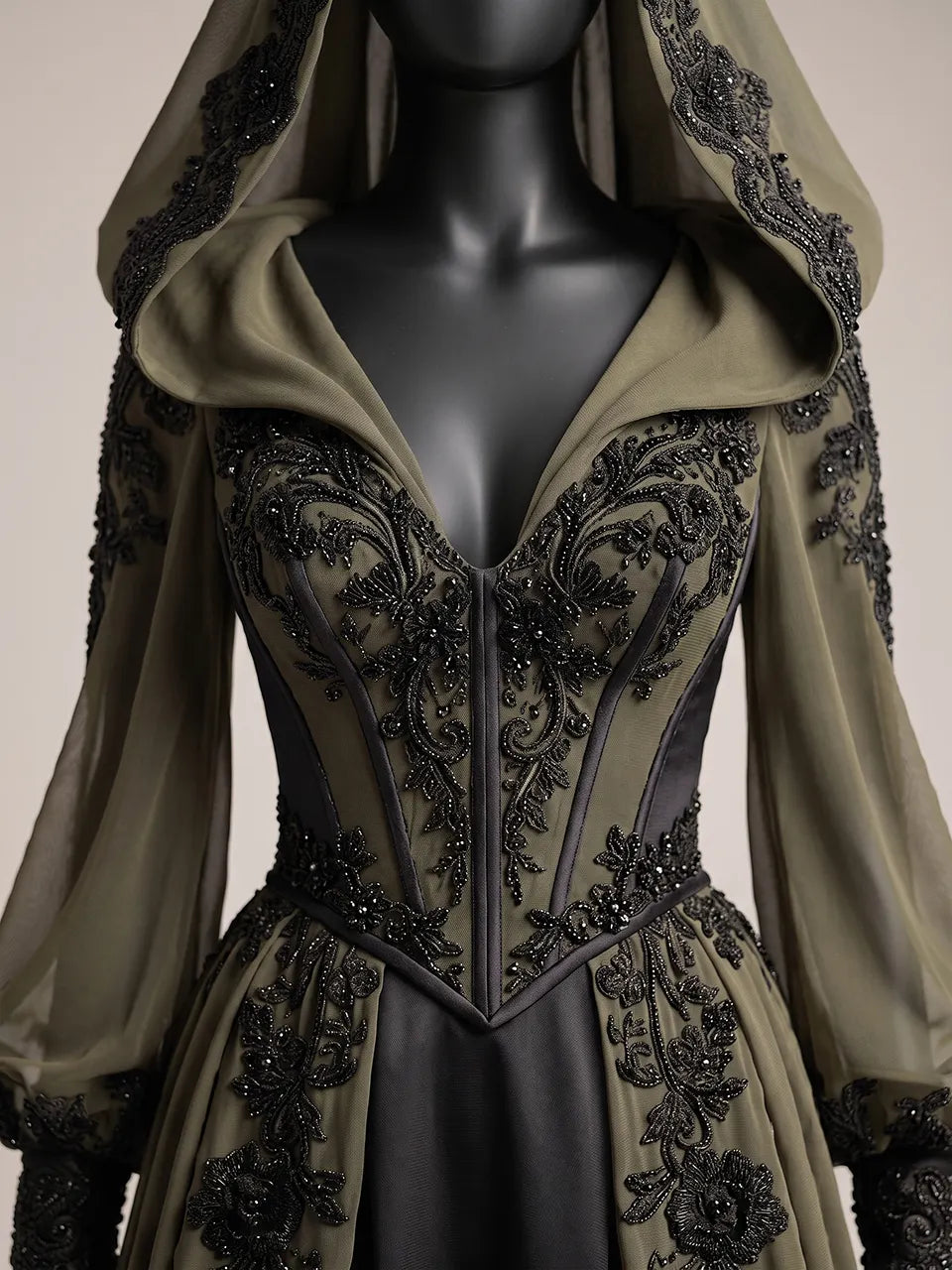 Womens Hooded V Neck Fitted Waist Lantern Long Sleeve Embroidered Train Maxi Gown