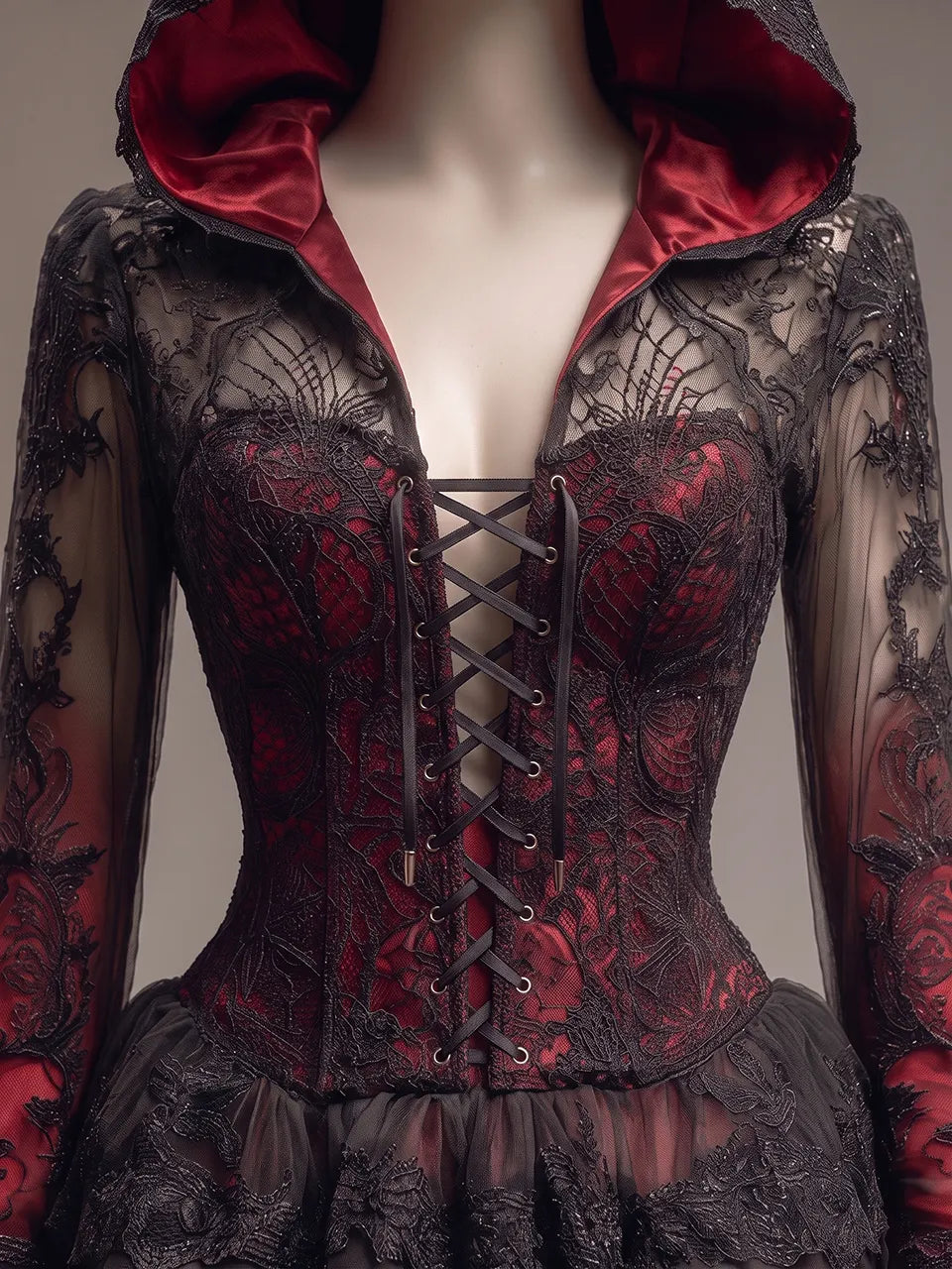 Womens Hooded Lace Up Corset Lace Spliced Flare Sleeve Multi Layer Ruffled Short Gown