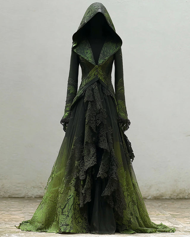 Boho Witch Gradient Snake Print Lace Paneled Ruffle Hooded Evening Dress 16a1
