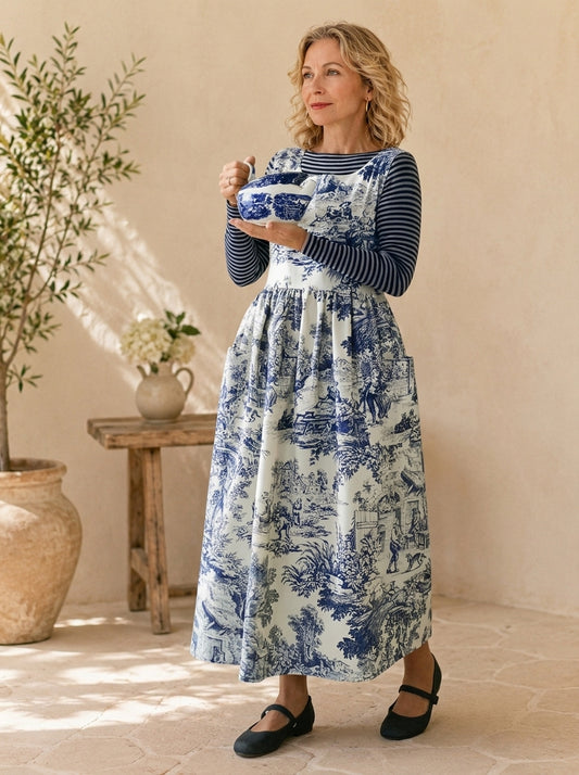 Blue Toile Cotton Pinafore Apron