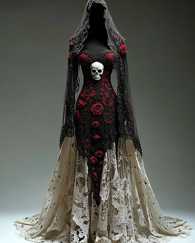 Giseabel Bohemian style Rose And Skull Embroidered Contrast Lace Evening Dress f528
