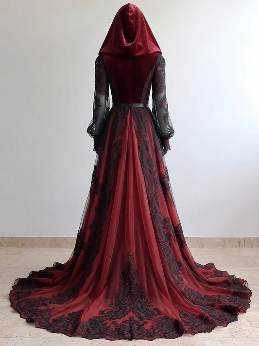 Womens Hooded Deep V-neck Tie Waist Sheer Long Sleeve Lace Embroidered Tulle Train Maxi Gown