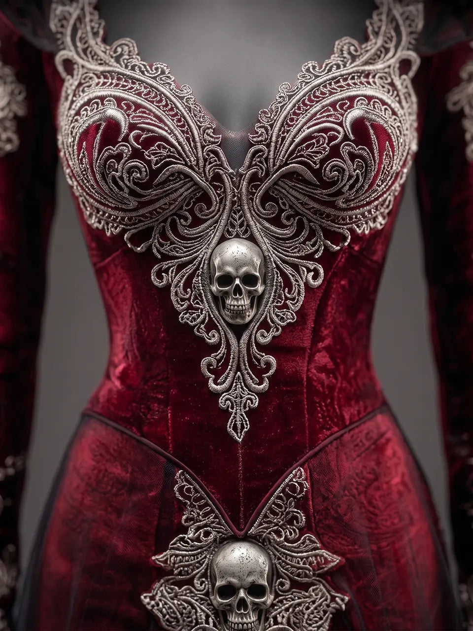 Womens V-neck Hooded Long Sleeve Skull Embroidered Fitted Tulle Panel Train Mermaid Maxi Gown