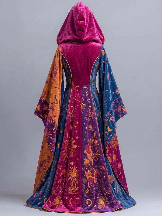 Womens Hooded V-neck Single-breasted Wide Sleeve Astrological Print Velvet Long Wizard Robe