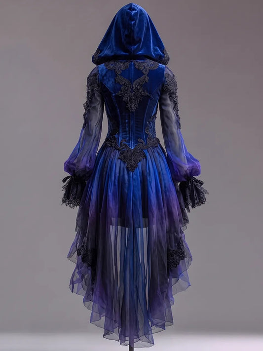 Womens Hooded V Neck Lace Spliced Lantern Sleeve Tie Up Multi Layer Irregular Tulle High Low Dress