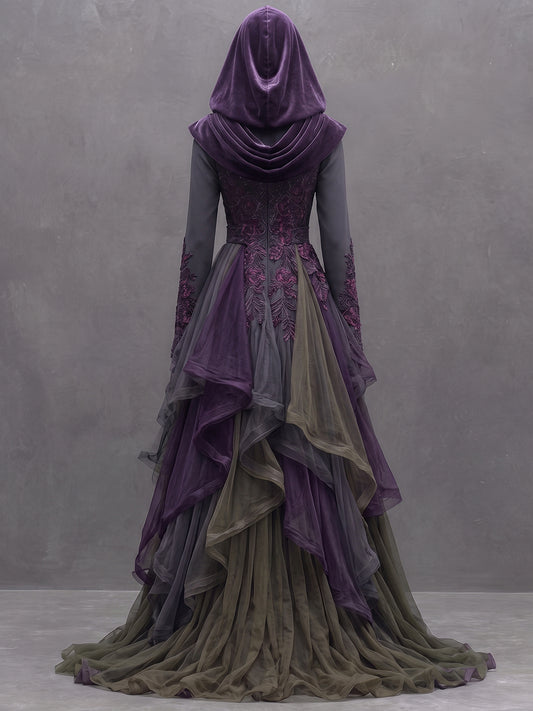 Womens Hooded Waist Cinching Embroidered Spliced Long Sleeve Irregular Tiered Tulle Long Gown