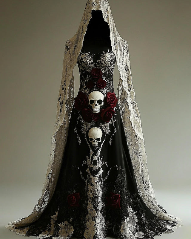 Giseabel Bohemian style Contrasting Lace Skull Embroidered Evening Dress 5b8d