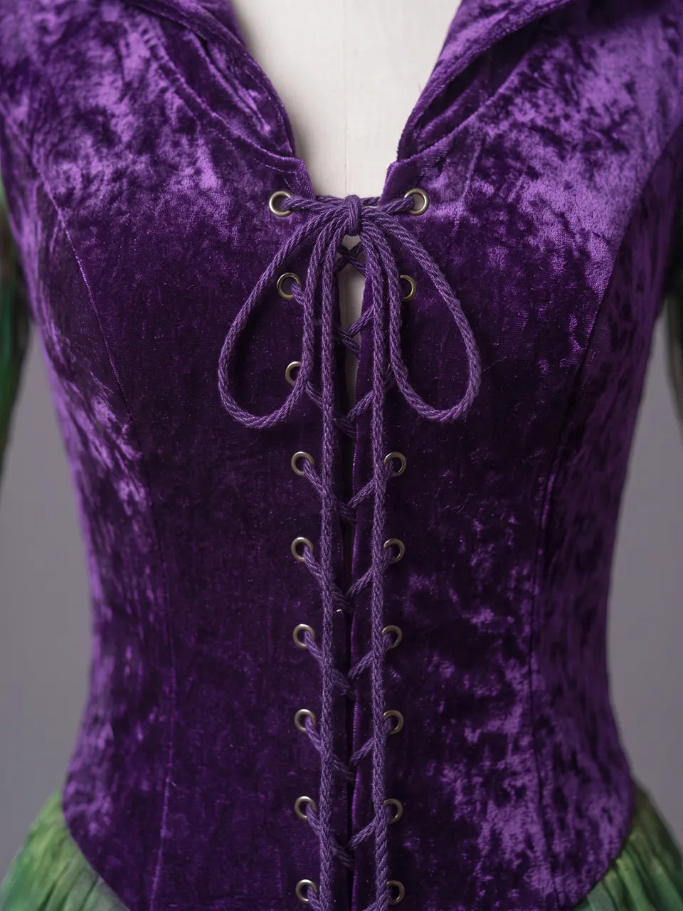 Womens Hooded V Neck Lace Up Waist Velvet Spliced Sheer Flare Sleeve Lace Layered Irregular Short Dress