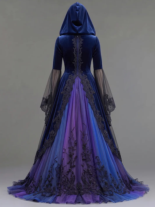Womens Hooded V Neck Velvet Button Decor Embroidered Lace Spliced Sheer Flare Sleeve Tulle Train Long Gown
