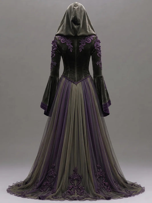 Womens Hooded V Neck Velvet Embroidered Spliced Flare Sleeve Striped Tulle Train Long Gown