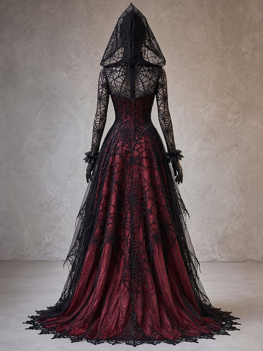 Womens High Neck Keyhole Cut Out Spiderweb Lace Hooded Long Sleeve Irregular Hem Train Maxi Gown