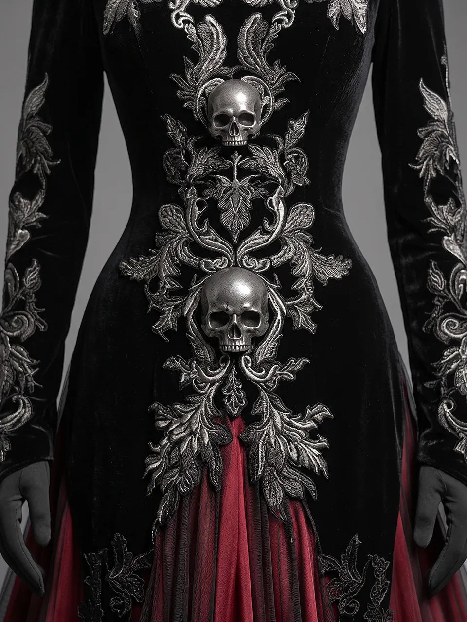 Womens V-neck Hooded Long Sleeve Skull Embroidered Velvet Spliced Tulle Flare Train Maxi Gown
