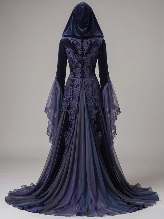 Womens V-neck Hooded Flare Sleeve Vine Embroidered Velvet Spliced Tulle Flowy Maxi Gown