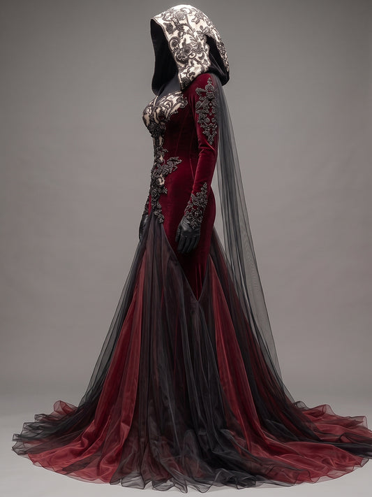 Womens Sweetheart Neck Hooded Long Sleeve Applique Tulle Panel Fitted Train Maxi Gown