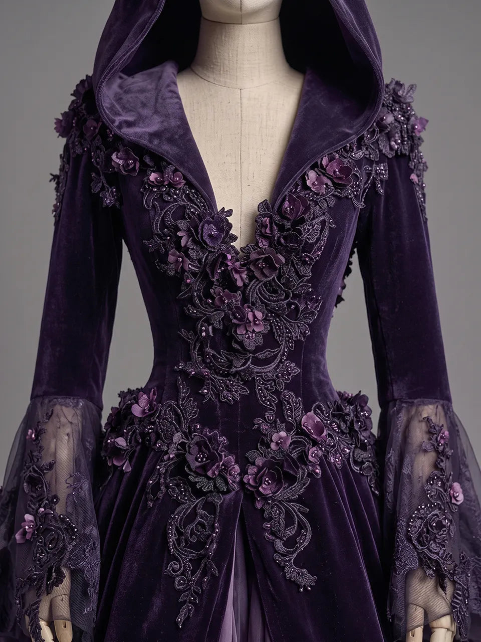 Womens Hooded V Neck Velvet Three Dimensional Embroidered Spliced Sheer Flare Sleeve Irregular Layered Tulle Train Long Gown