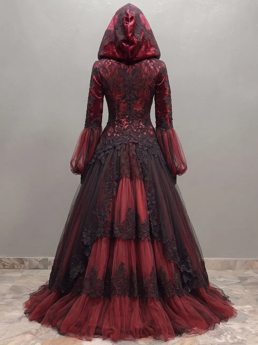Womens Hooded V-neck Spliced Lace Puff Sleeve Tiered Tulle Long Gown