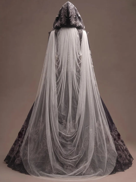 Womens Hooded Deep V Neck Velvet Embroidered Long Sleeve Ball Gown Train Long Dress