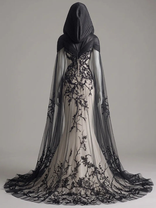 Womens Hooded V Neck Fitted Embroidered Sheer Train Tulle Cape Mermaid Long Gown