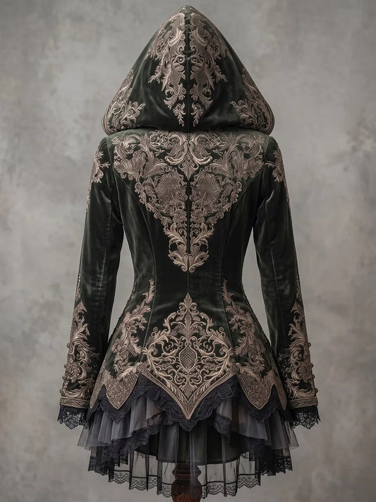 Womens Hooded V Neck Velvet Embroidered Buttoned Waist Long Sleeve Lace Layered Tulle Irregular Hem Mid Length Coat