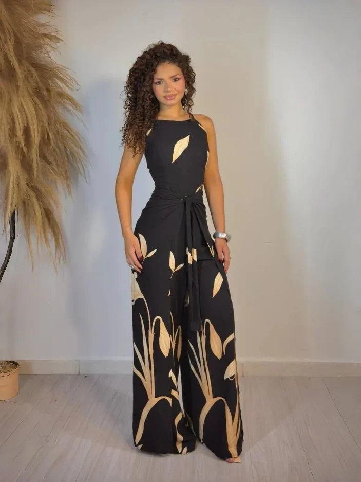 Women's Black Printed Jumpsuit Clarisse Long Wrap Style