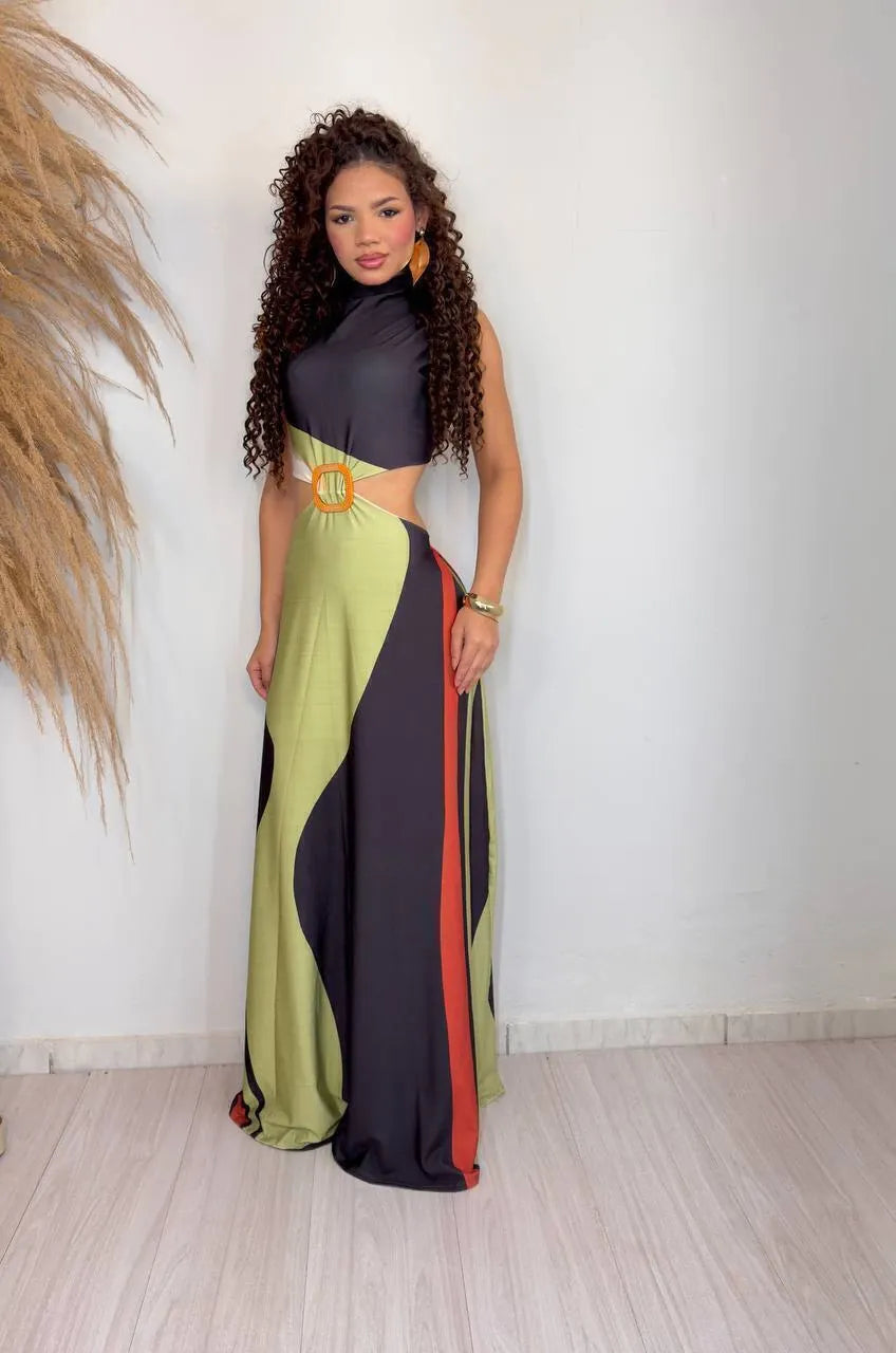Women's Long Dress Débora Black with Prints