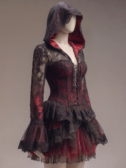 Womens Hooded Lace Up Corset Lace Spliced Flare Sleeve Multi Layer Ruffled Short Gown