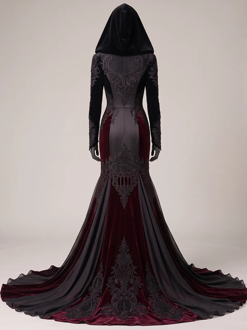 Womens Velvet Hooded Long Sleeve Spiderweb Embroidered Fitted Tulle Panel Train Mermaid Maxi Gown