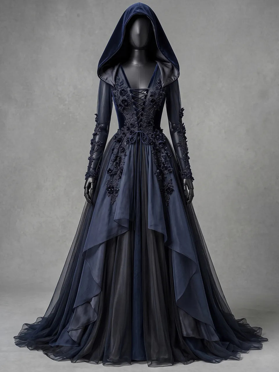 Womens V-neck Hooded Long Sleeve Lace Up 3D Floral Layered Tulle Flowy Maxi Gown