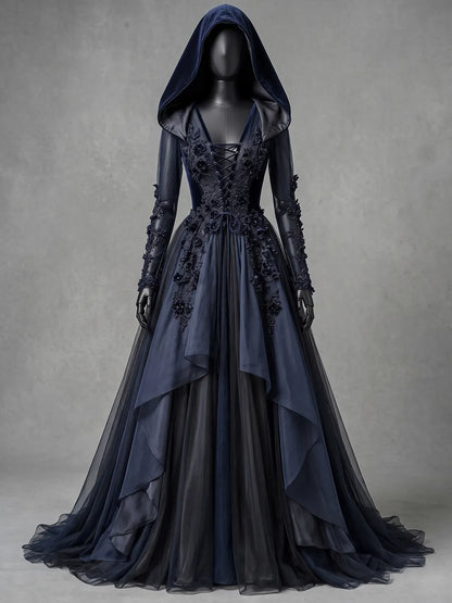 Womens V-neck Hooded Long Sleeve Lace Up 3D Floral Layered Tulle Flowy Maxi Gown