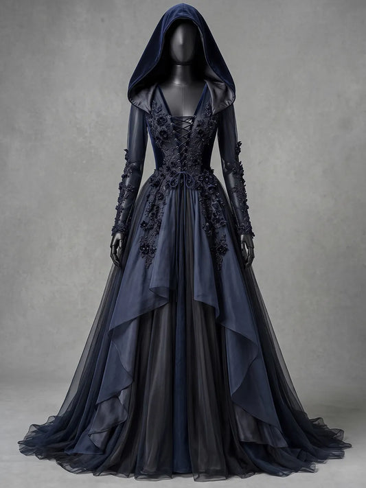 Womens V-neck Hooded Long Sleeve Lace Up 3D Floral Layered Tulle Flowy Maxi Gown