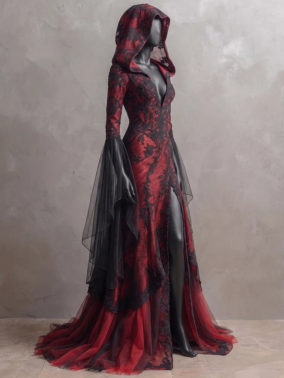 Womens Hooded Deep V-neck Fitted Slit Flared Sleeve Lace Embroidered Tulle Train Maxi Gown
