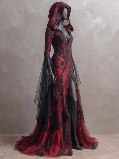 Womens Hooded Deep V-neck Fitted Slit Flared Sleeve Lace Embroidered Tulle Train Maxi Gown