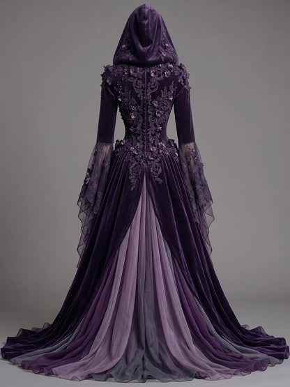 Womens Hooded V Neck Velvet Three Dimensional Embroidered Spliced Sheer Flare Sleeve Irregular Layered Tulle Train Long Gown