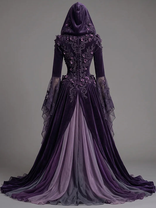 Womens Hooded V Neck Velvet Three Dimensional Embroidered Spliced Sheer Flare Sleeve Irregular Layered Tulle Train Long Gown