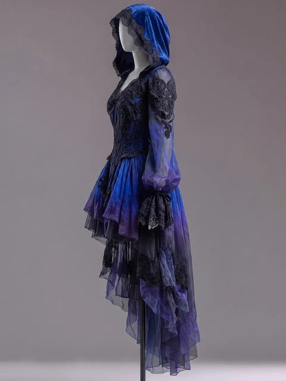 Womens Hooded V Neck Lace Spliced Lantern Sleeve Tie Up Multi Layer Irregular Tulle High Low Dress
