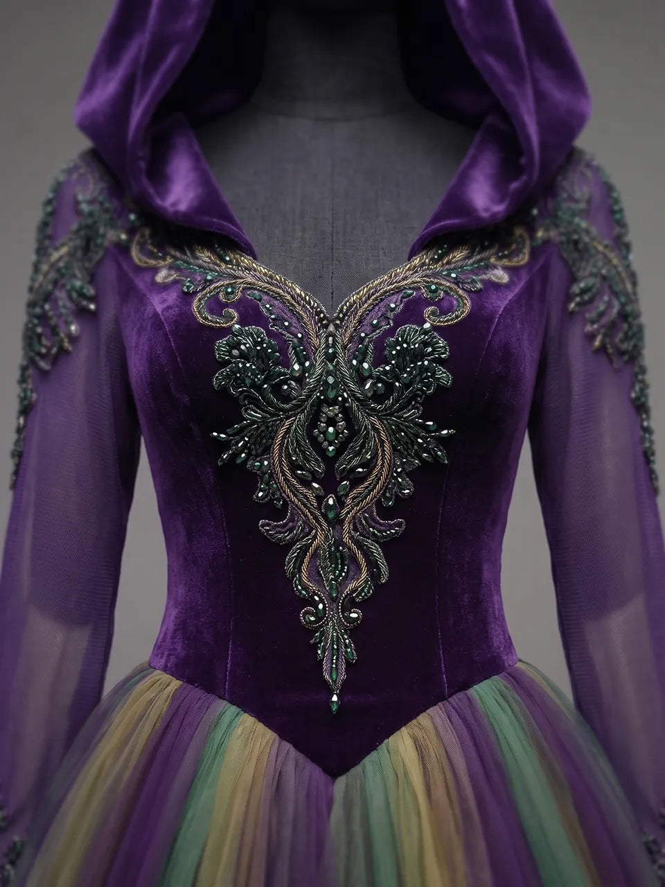 Womens Hooded V Neck Velvet Embroidered Spliced Sheer Long Sleeve Layered Tulle Embroidered Train Long Gown
