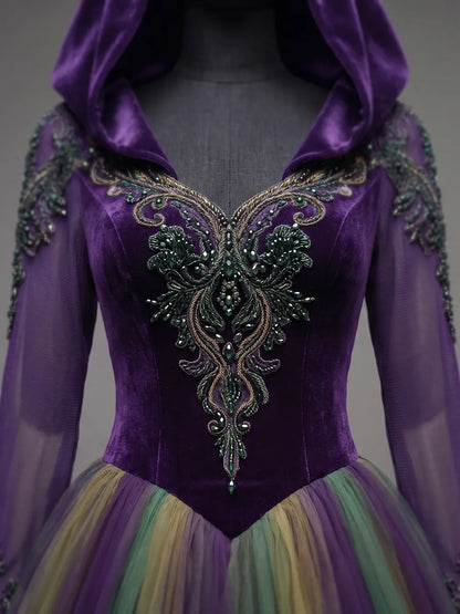 Womens Hooded V Neck Velvet Embroidered Spliced Sheer Long Sleeve Layered Tulle Embroidered Train Long Gown