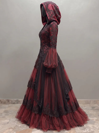 Womens Hooded V-neck Spliced Lace Puff Sleeve Tiered Tulle Long Gown