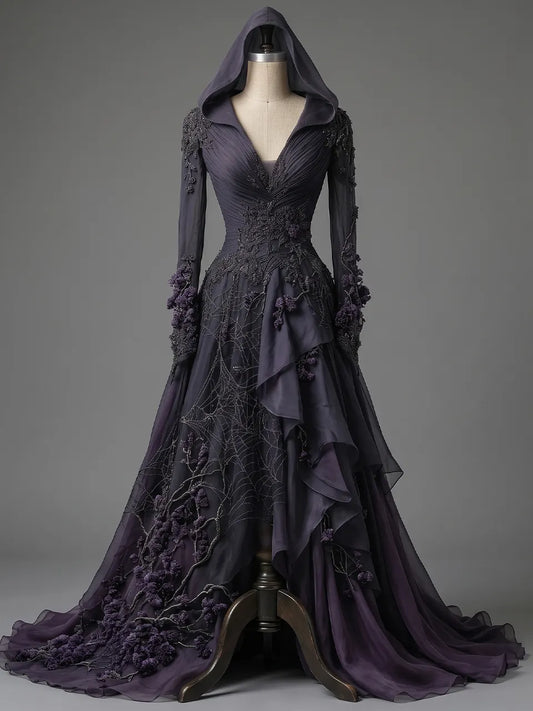 Womens Hooded Deep V Neck Ruched Embroidered Spliced Sheer Long Sleeve Irregular Ruffle Tulle Train Long Gown